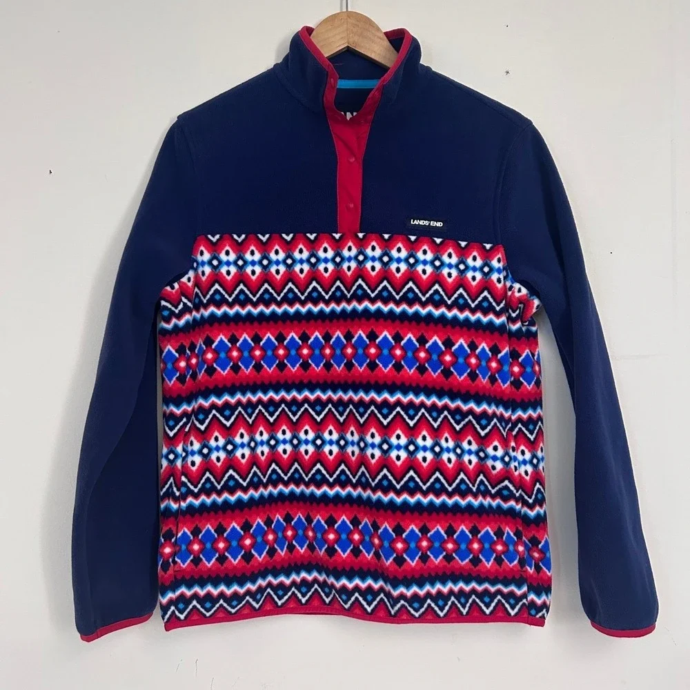 Lands End Fleece Pullover Kids S 6-8 Blue Red Fair‎ Isle Snap Neck Sweatshirt